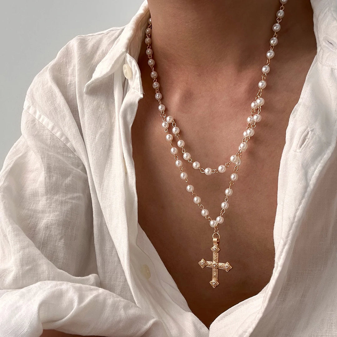 Saint Pearl Cross Necklace