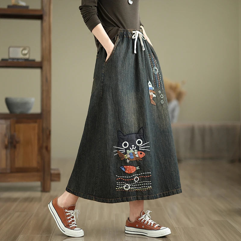 Koi & Whiskers Denim Skirt