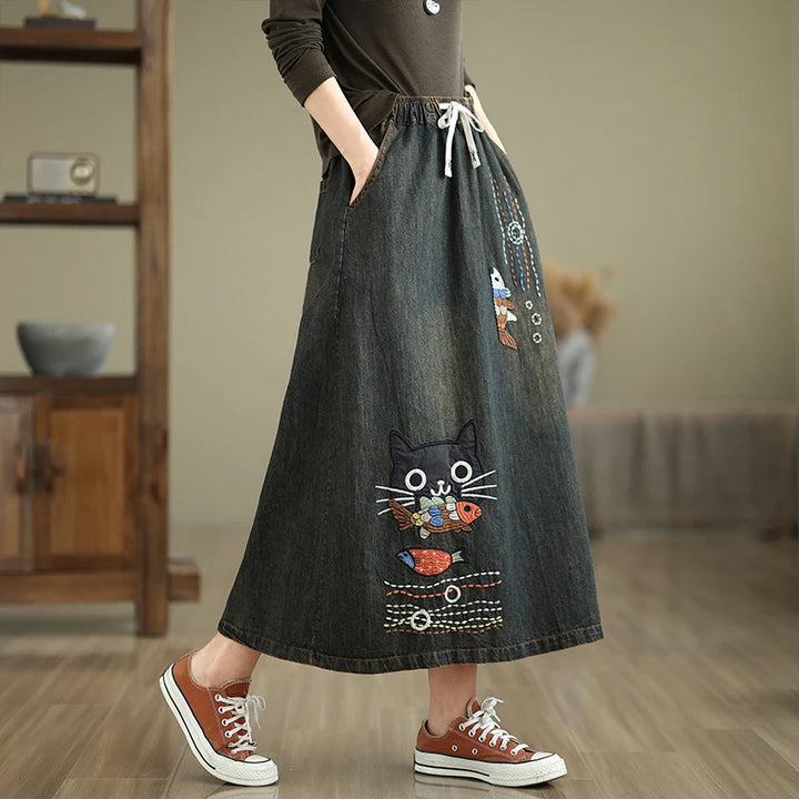 Koi & Whiskers Denim Skirt