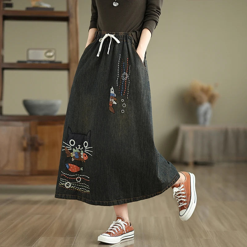 Koi & Whiskers Denim Skirt