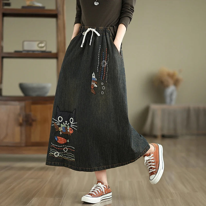 Koi & Whiskers Denim Skirt