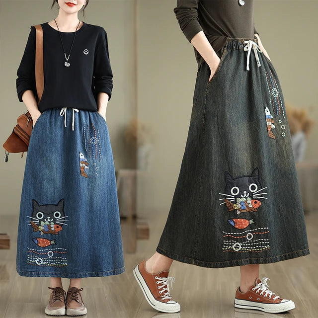 Koi & Whiskers Denim Skirt